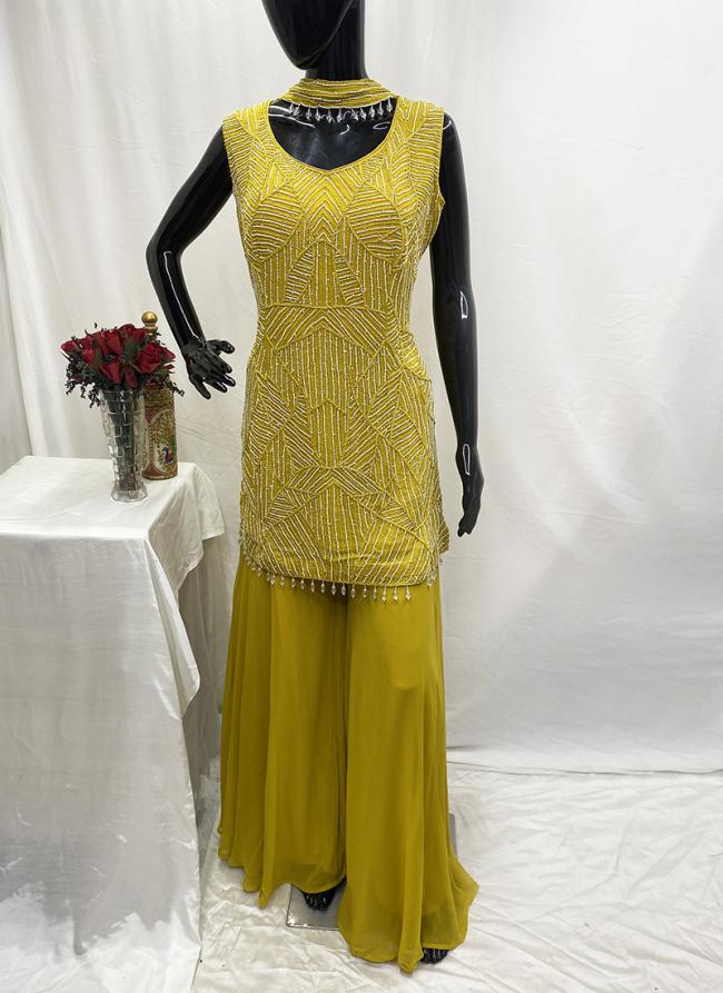 Pure Crepe Yellow Wedding Wear Moti Work Readymade Plazzo Suit